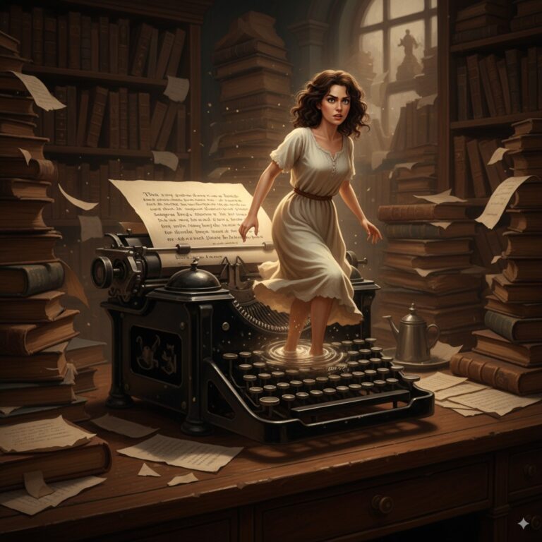 cuentos sobre un escritor y su personaje - ilustración alegórica