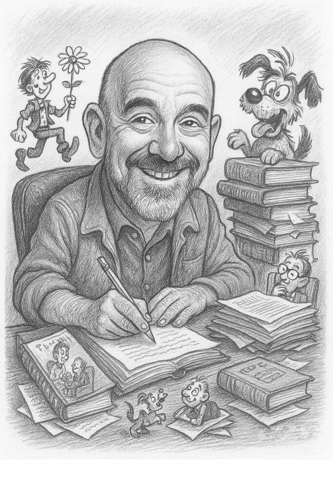 Henry Drae -  caricatura de cuando escribe su monólogo de comedia.