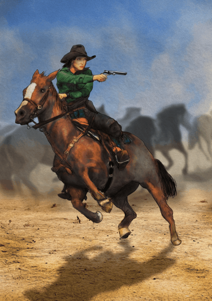 Claire cabalga empuñando su pistola en Dos Balas Para Claire