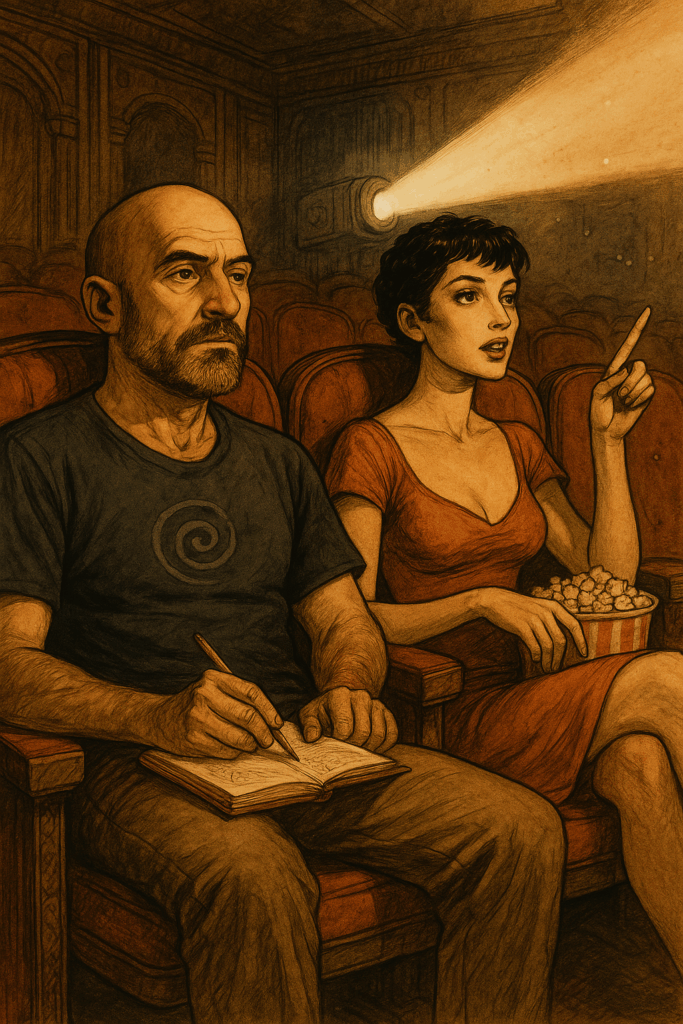 Daria y Henry viendo cine mientras comentan sobre dogmatismo científico