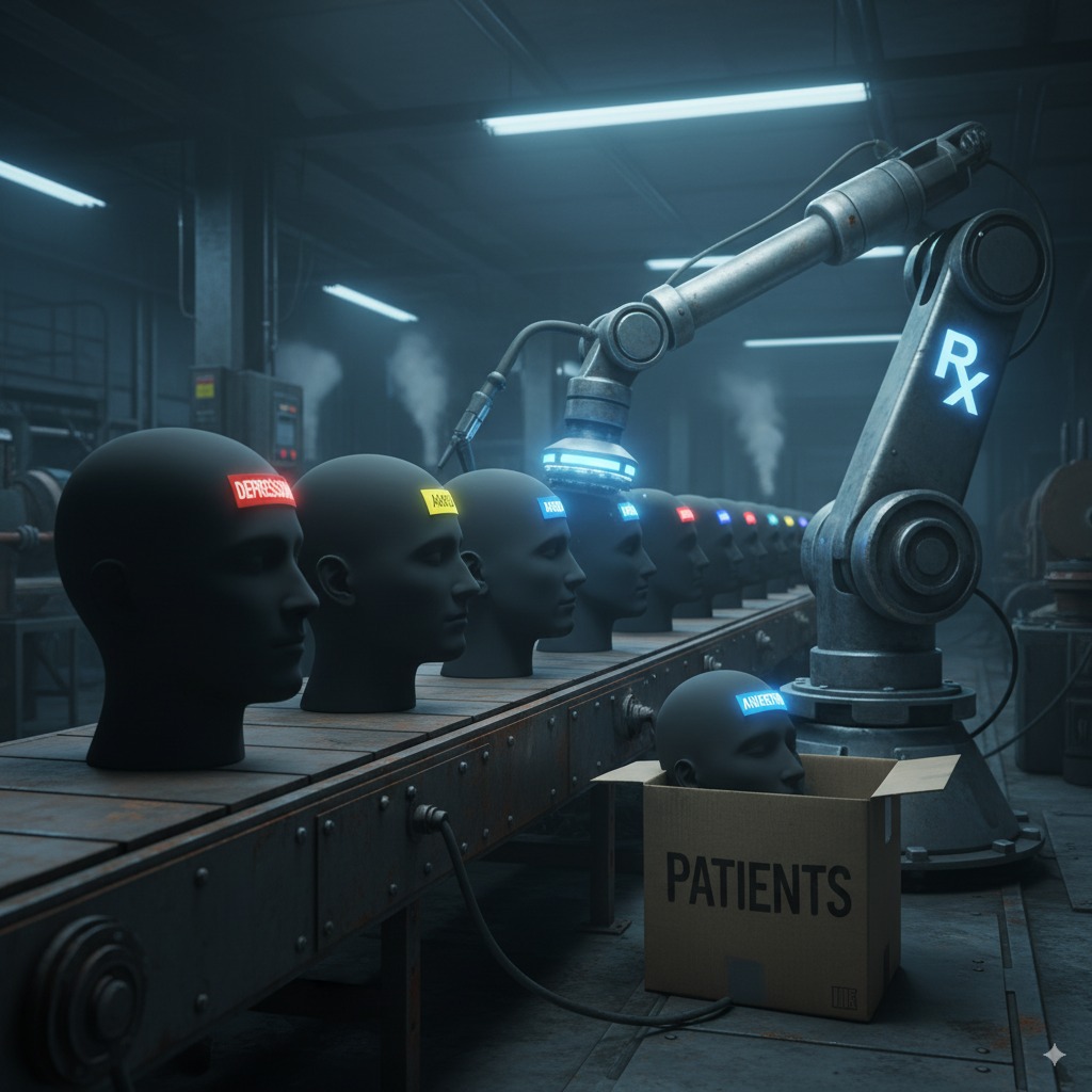 el negocio de la salud mental - ilustración de varias cabezas siendo "tratadas"