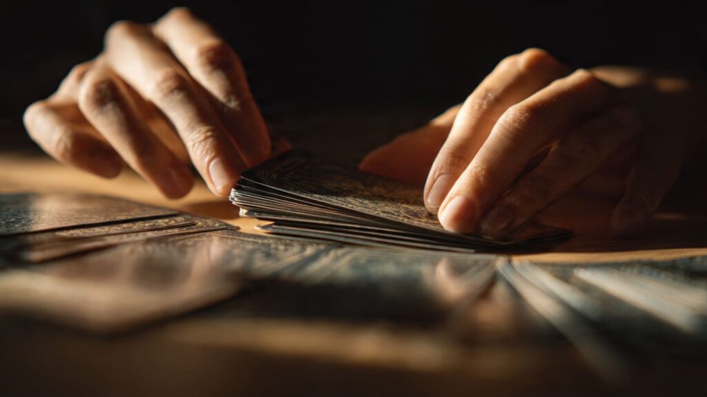 manos barajando tarot desde un enfoque reflexivo