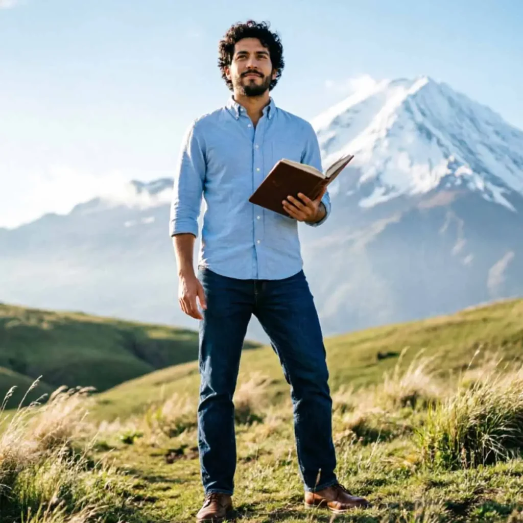 Efecto Dunning-Kruger como falacia - Hombre joven con libro frente a una pequeña colina, sin percibir la gran montaña detrás - metáfora visual del efecto Dunning-Kruger y la sobreestimación del conocimiento