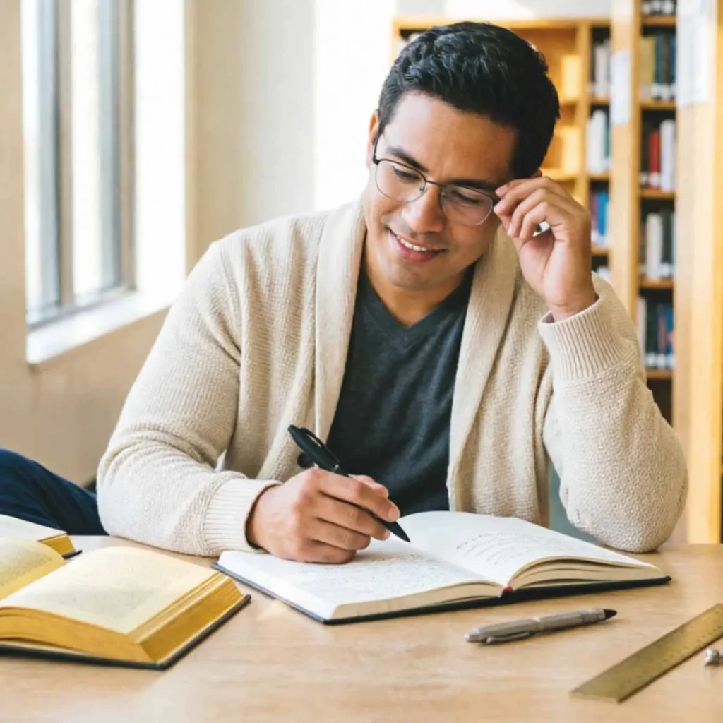 Persona estudiando y comparando fuentes en biblioteca - representación del pensamiento crítico y el análisis equilibrado de argumentos - efecto Dunning-Kruger como falacia