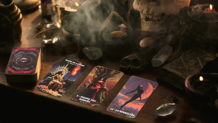 lectura de tarot por email - Mazo Arcanos de la Cosecha Roja sobre la mesa, herramienta de tarot evolutivo y pensamiento crítico.