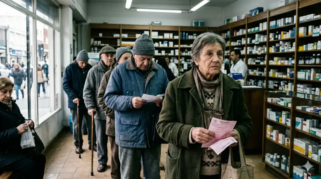 jubilación sin aportes en Argentina - Cola de jubilados en una farmacia
