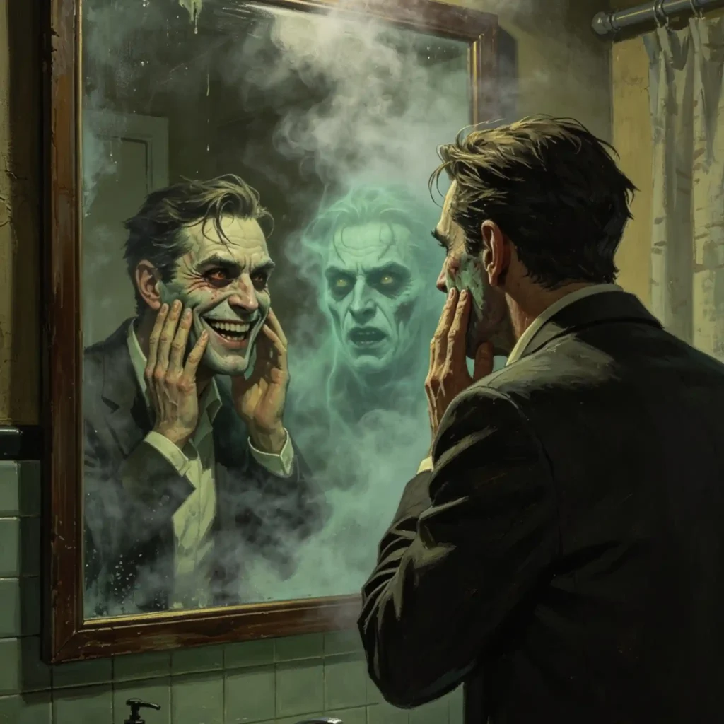 Un villano reencarnado en el espejo en Almas sin enterrar - bolsilibros de terror pulp.