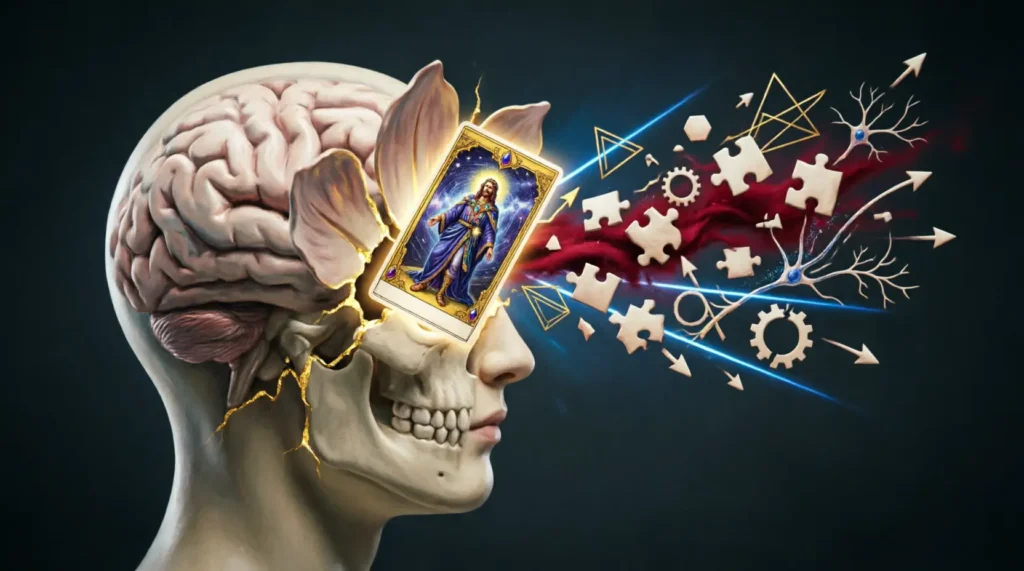 Ilustración conceptual de una cabeza humana rompiéndose para revelar una carta de tarot, con piezas de rompecabezas y engranajes explotando hacia los lados, simbolizando ejercicios de pensamiento lateral para romper bloqueos mentales.