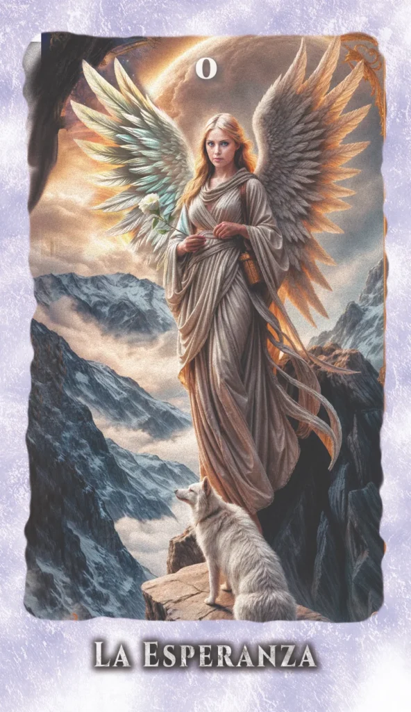 Carta Esperanza de Lumen Angelis mostrando un ángel al borde de un precipicio, arquetipo para conectar con intuición usando tarot.