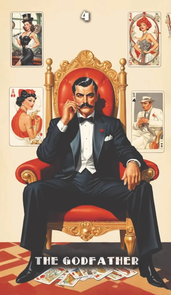Cartas del mazo Mystic Metropolis Noir como The Godfather, conectando el tarot con la estética de Spider-Noir con Nicolas Cage.