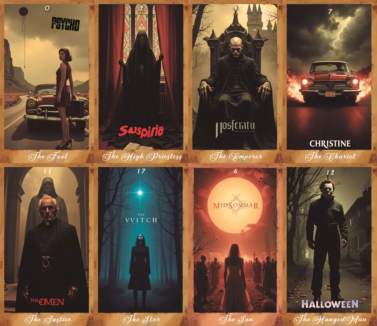 Cartas del mazo Dreadful Encounters que muestran películas de terror como arcanos mayores en el tarot.