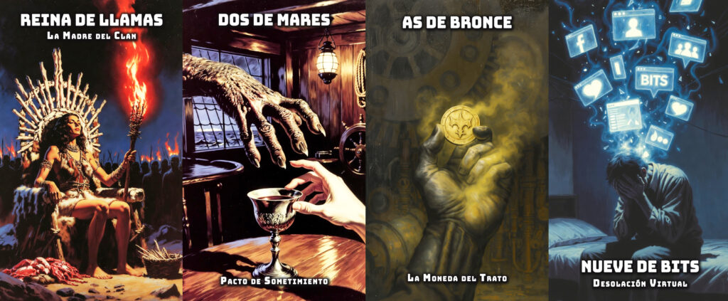 Cartas del mazo Arcanos de la Cosecha Roja, ilustrando los beneficios del tarot evolutivo frente al predictivo.