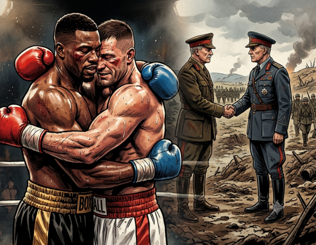 Deporte y adoctrinamiento - Boxeadores y generales se saludan luego del combate