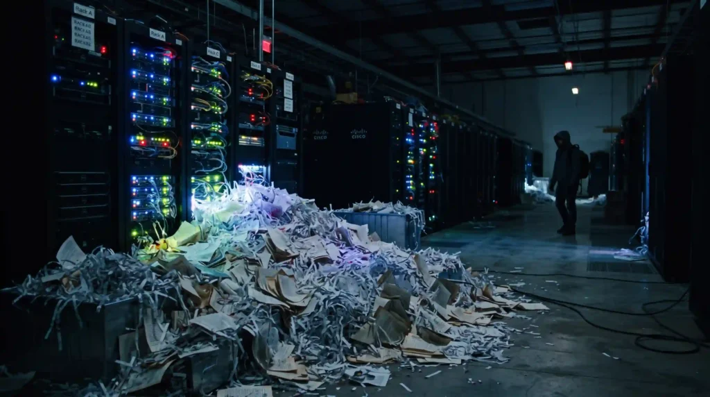 DESTRUCCION DE LIBROS FÍSICOS - Montañas de papel triturado frente a racks de servidores en un centro de datos.