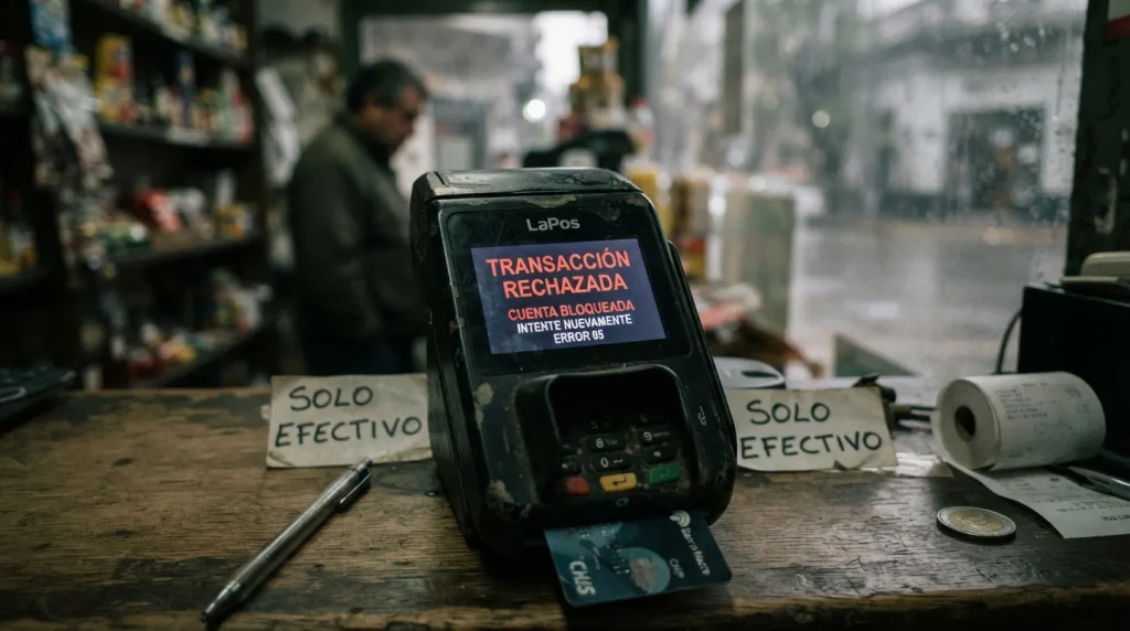 DINERO PROGRAMABLE - Una imagen de una terminal de pago rechazada en un entorno urbano frío, simbolizando el bloqueo financiero.