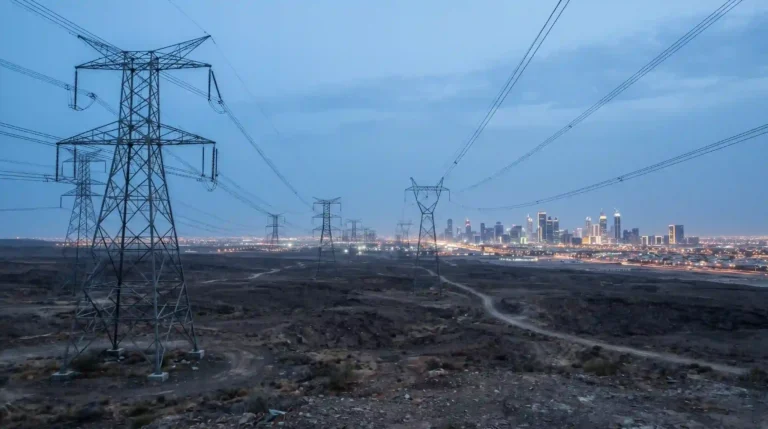 Energia libre - La matriz de la red: Una toma de gran angular de torres de alta tensión dominando el paisaje, simbolizando la dependencia del sistema centralizado.