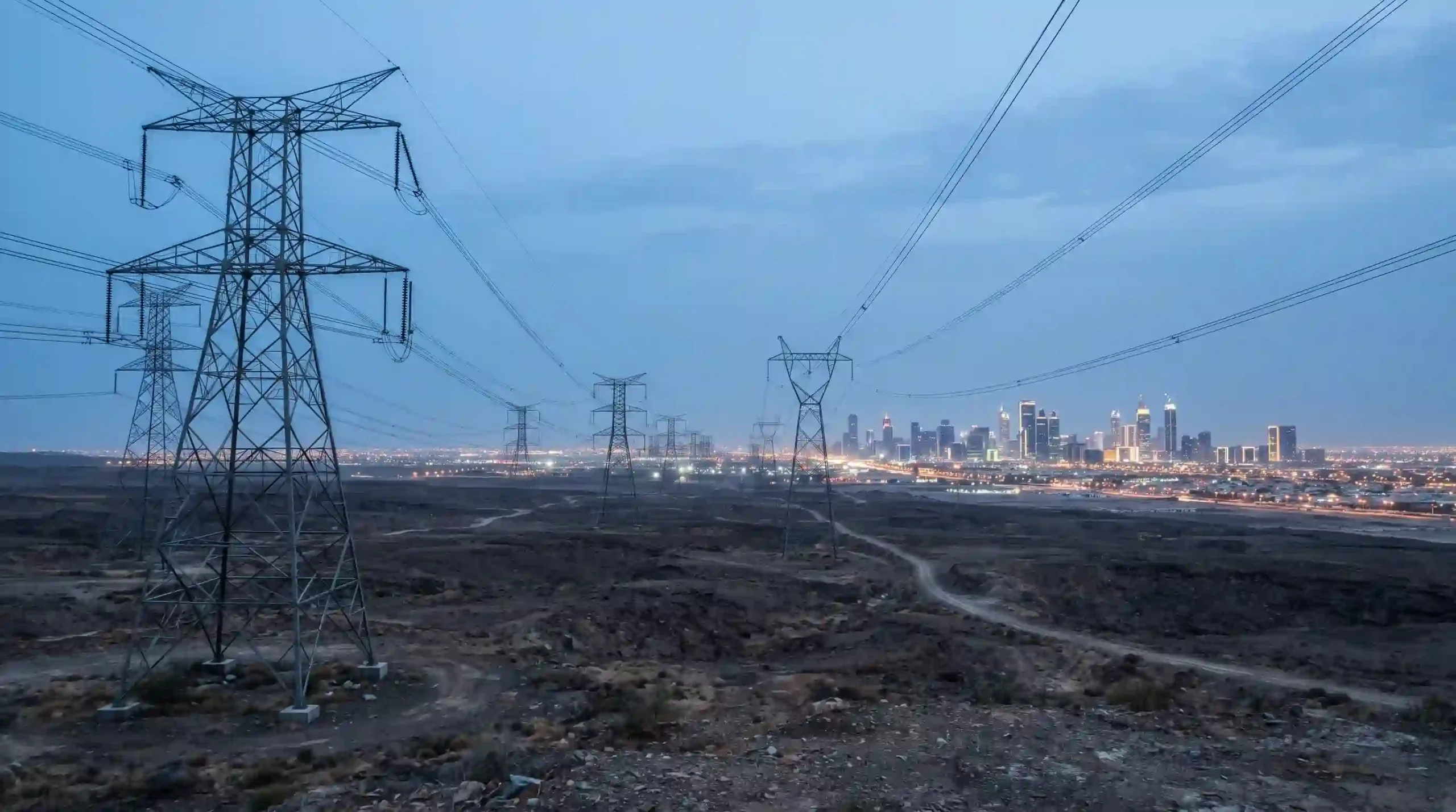 Energia libre - La matriz de la red: Una toma de gran angular de torres de alta tensión dominando el paisaje, simbolizando la dependencia del sistema centralizado.