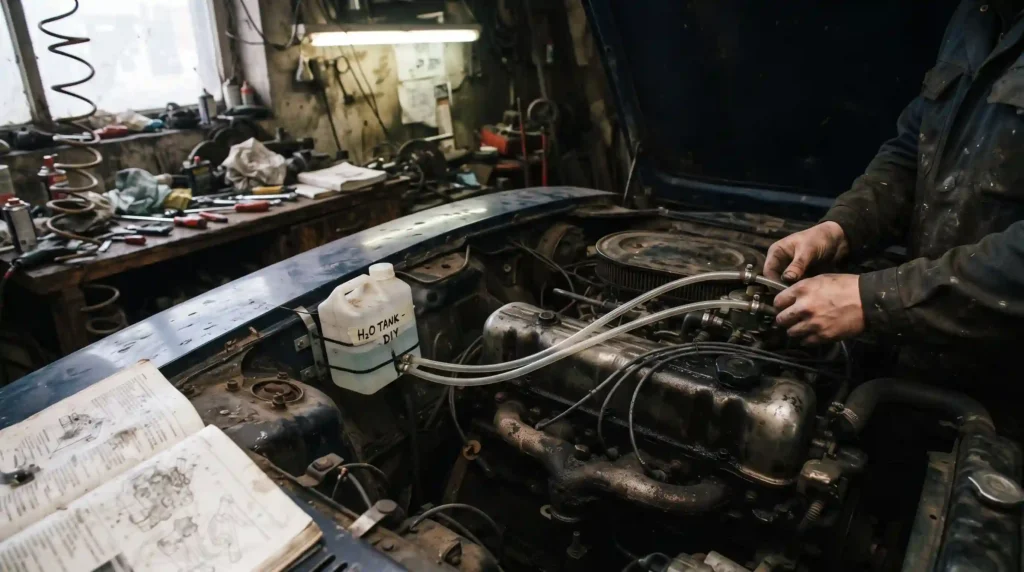 Energía libre - El motor de agua: Una imagen realista y detallada de un motor adaptado con celdas de combustible de agua en un taller.