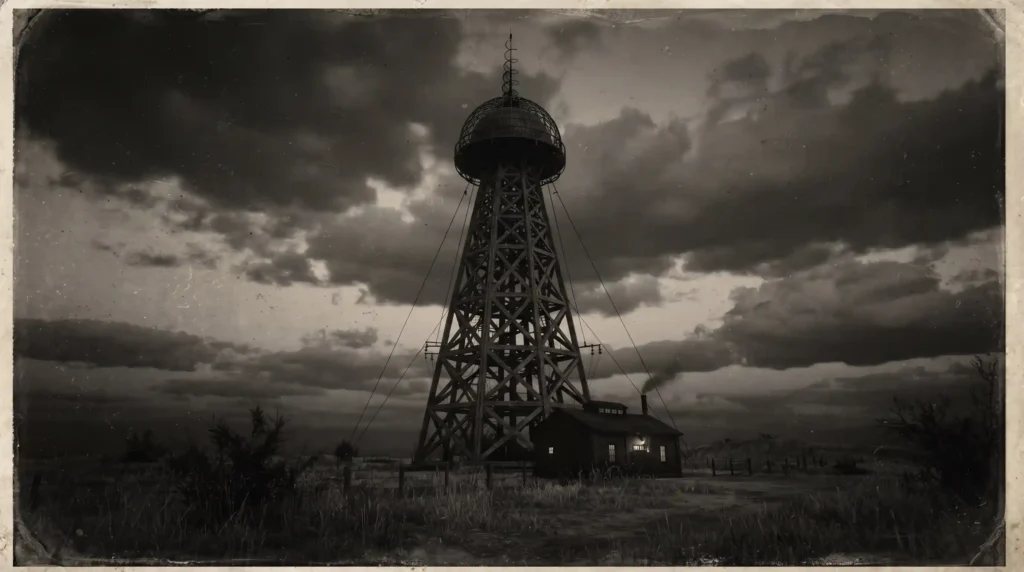 Energía libre - El sueño de Tesla: Una fotografía de estilo archivo de la torre de Wardenclyffe bajo un cielo dramático.