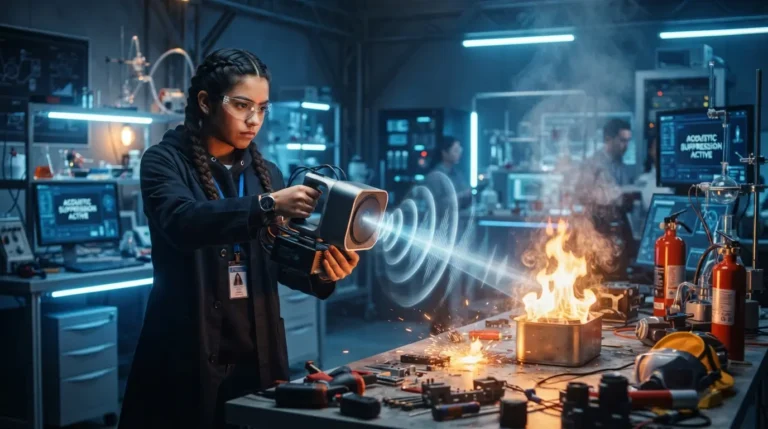 Una estudiante mexicana en un laboratorio tecnológico demostrando un prototipo de extintor de sonido que apaga una llama mediante ondas sonoras visibles en un ambiente industrial cinematográfico.