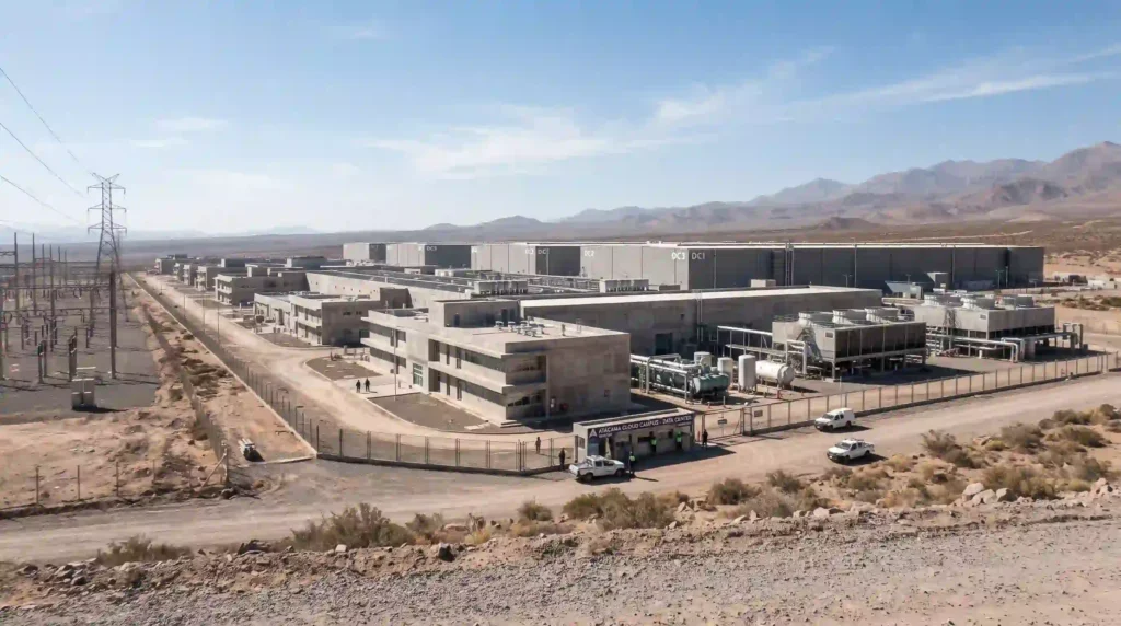 Ilustración oscura - Infraestructura Real: Un centro de datos masivo con arquitectura industrial de hormigón en un entorno desértico latinoamericano, visibilizando el consumo material del que habla su texto.