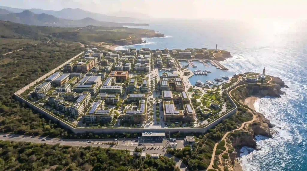 Ilustración Oscura - La Enclave Privada: Vista aérea de una zona urbana tecnológica, cerrada y exclusiva junto a la costa, que ilustra el concepto realista de las Redes-Estado.