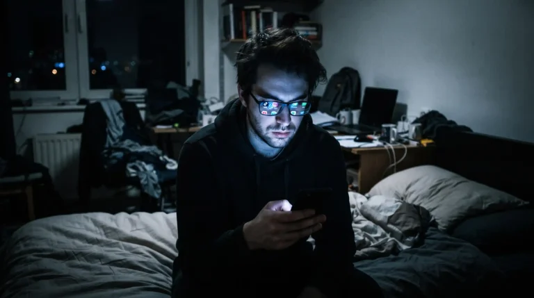 Ilustración oscura - El Usuario Conectado: Una toma íntima de una persona común en una habitación oscura iluminada únicamente por la pantalla de su teléfono, capturando la dependencia algorítmica cotidiana.