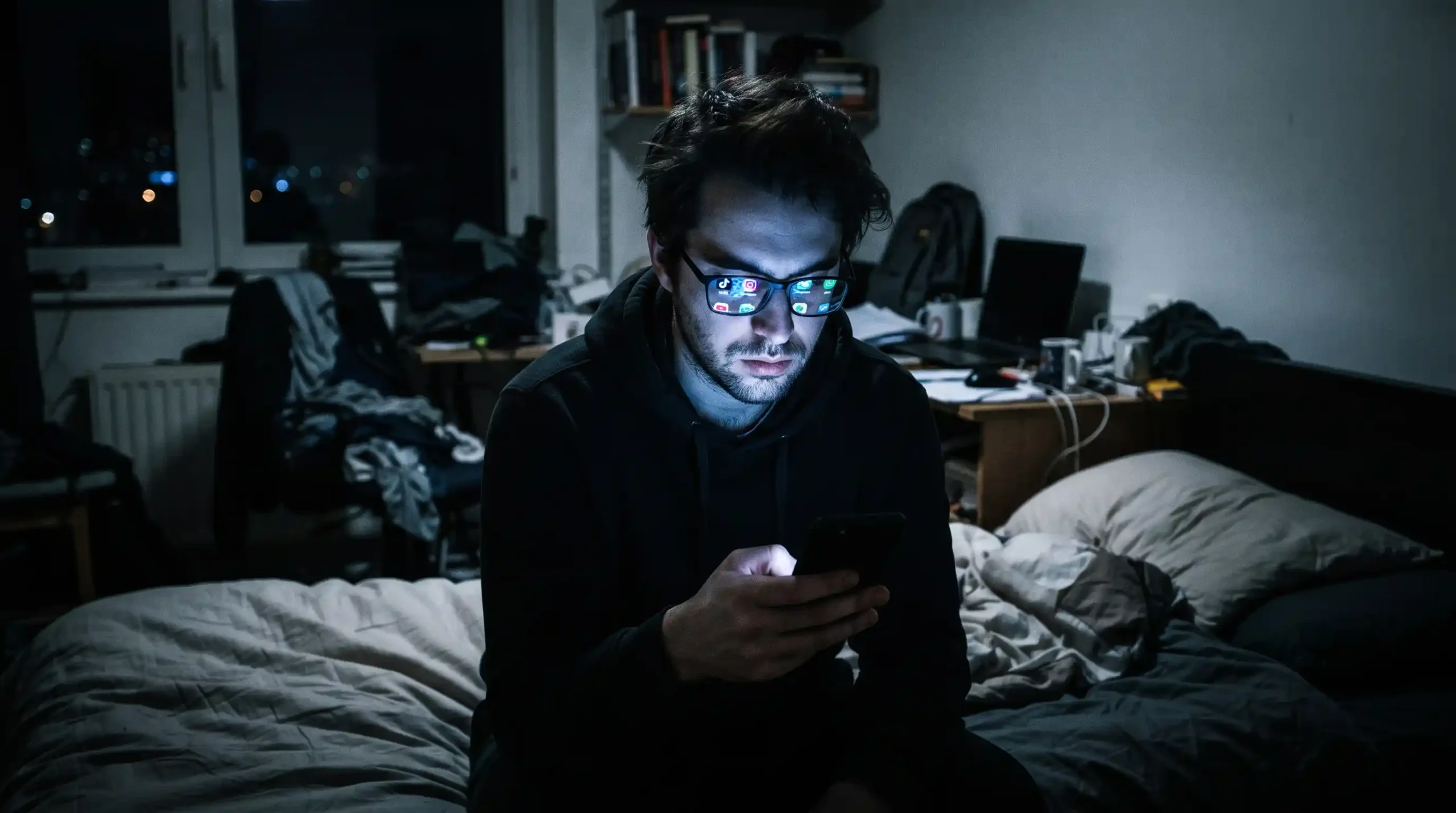 Ilustración oscura - El Usuario Conectado: Una toma íntima de una persona común en una habitación oscura iluminada únicamente por la pantalla de su teléfono, capturando la dependencia algorítmica cotidiana.