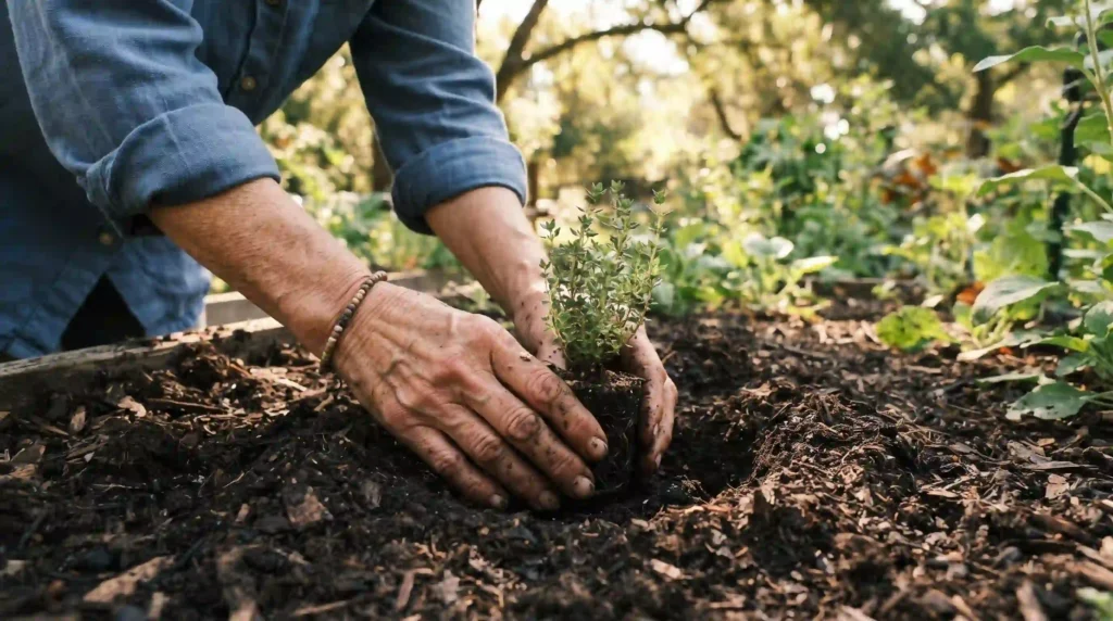 medicina naturista - Reconexión con la tierra: Un primer plano detallado de manos curtidas plantando una hierba medicinal en tierra fértil bajo luz natural.