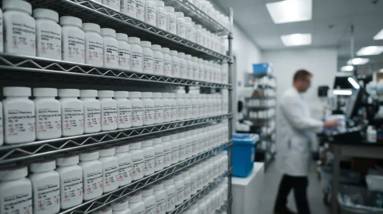 medicina naturista - La gestión de la enfermedad: Un estante de farmacia moderno, lleno de envases plásticos uniformes bajo una luz LED estéril y artificial.