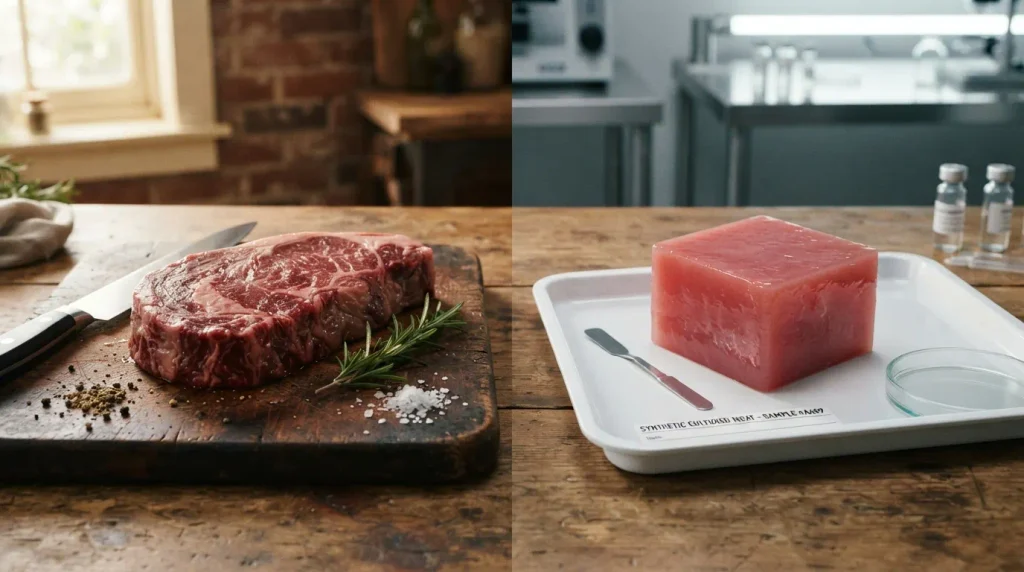 Contraste de Realidades: Una comparativa visual directa entre el alimento natural y el procesado en laboratorio. - Monopolio del alimento