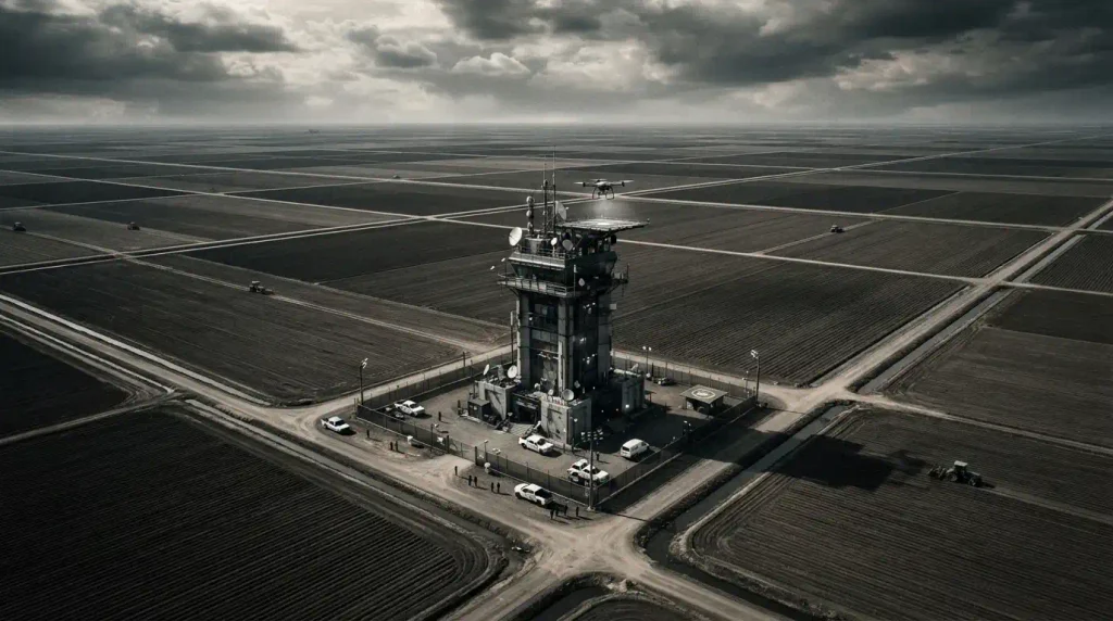 Vigilancia Industrial: Una perspectiva aérea que simboliza el control corporativo de la tierra. - Monopolio del alimento