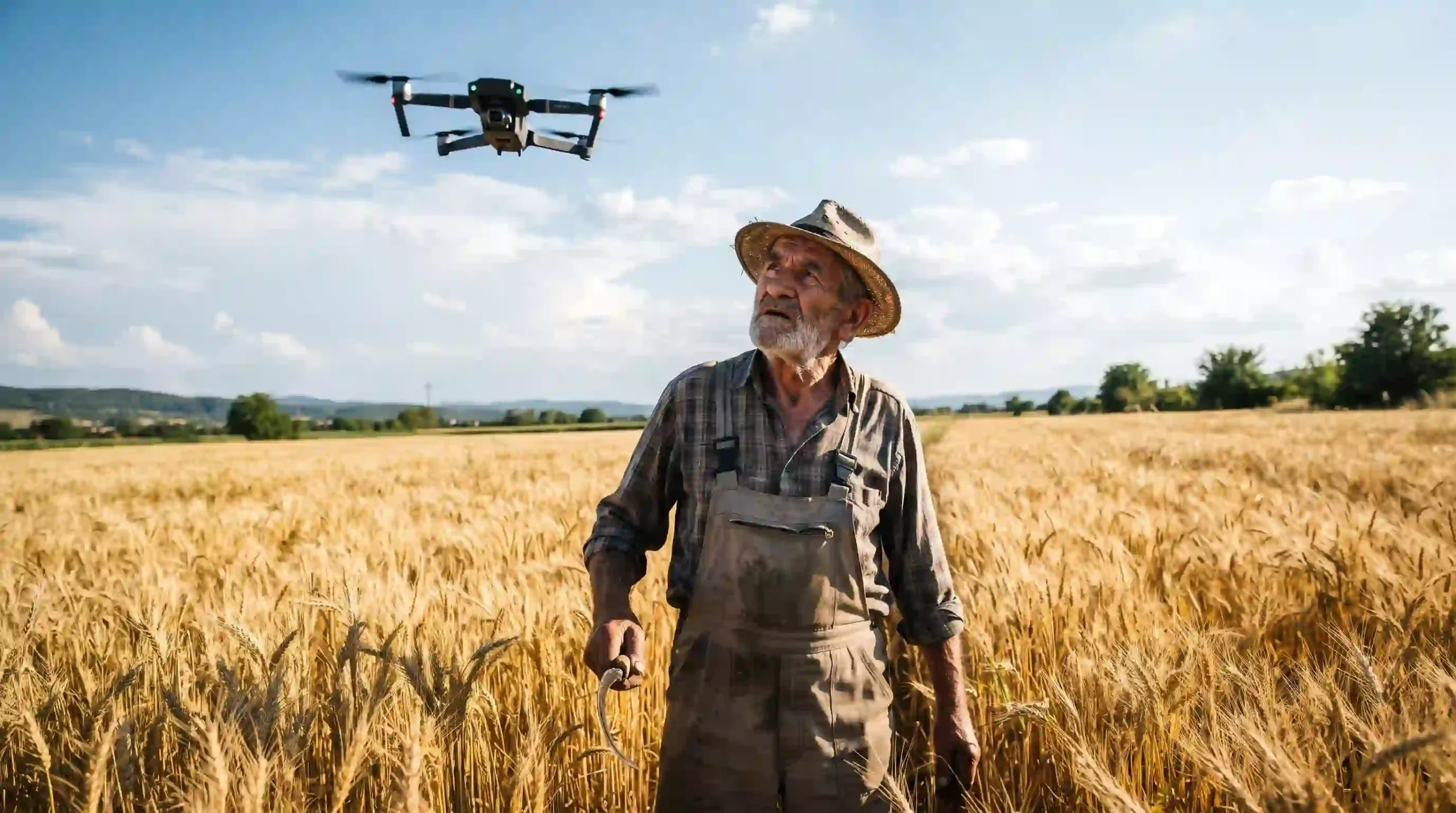 patentamiento de semillas - La Vigilancia: Un agricultor tradicional bajo un sol abrasador, observando con tensión un dron de vigilancia negro que sobrevuela sus cultivos.