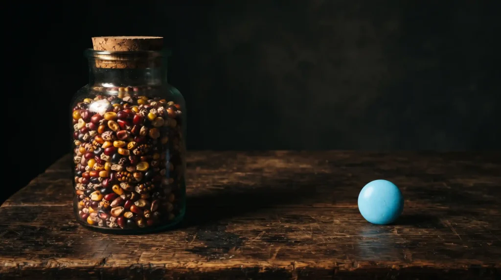 Patentamiento de semillas - El Contraste: Un bodegón en claroscuro que compara un frasco repleto de maíz criollo multicolor con una única semilla industrial estéril y recubierta de un químico azul.