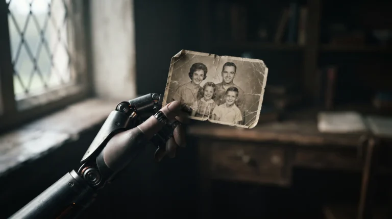 Una mano robótica hiperrealista sosteniendo una fotografía antigua y desgastada de una familia humana. - REGULAR LA IA