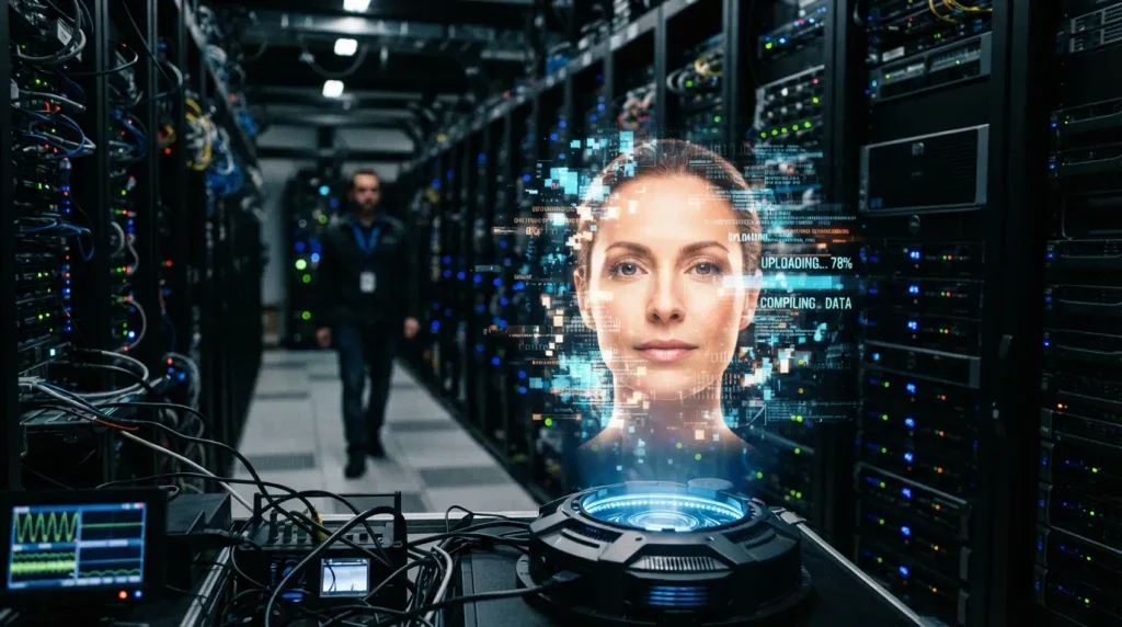 Transhumanismo y la IA - Fusión Biológica: Una toma clínica de un laboratorio donde se aprecia la integración de fibra óptica en la base del cráneo.