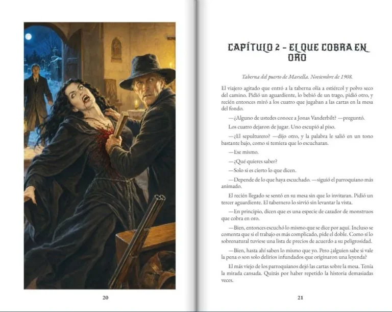 Doble página ilustrada de El Profanador y el Sepulturero