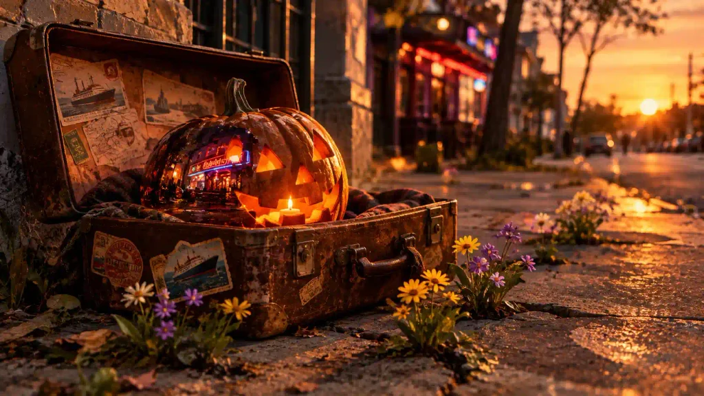 Valija de inmigrante con una calabaza tallada, símbolo de la llegada de Halloween en Argentina”