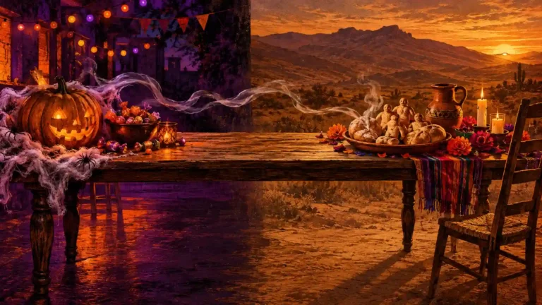 Mesa dividida entre una calabaza de Halloween en Argentina y una ofrenda jujeña para los difuntos