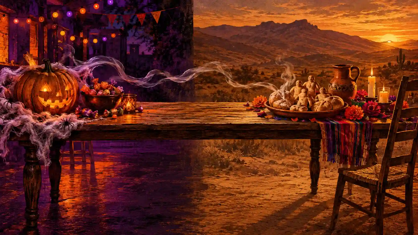 Mesa dividida entre una calabaza de Halloween en Argentina y una ofrenda jujeña para los difuntos