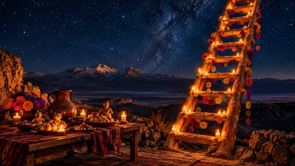 Escalera de pan con velas y mesa de ofrendas, tradición jujeña frente a Halloween en Argentina